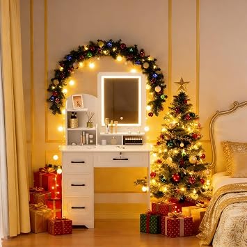 Vanity Desk with Mirror and Lights, Makeup Vanity Desk with Adjustable Modes Lights, Vanity with 4 Drawers, 6 Shelves, Storage Bench, Cabinet for Bedroom White