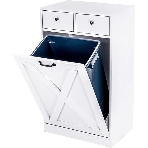 13 Gallons Tilt Out Trash Can Cabinet, Wooden Trash Cabinet with 2 Drawers, Free Standing Kichen Waste Bin Recycling Cabinet Pet Proof Hidden Trash Cabinet for Kitchen (White)