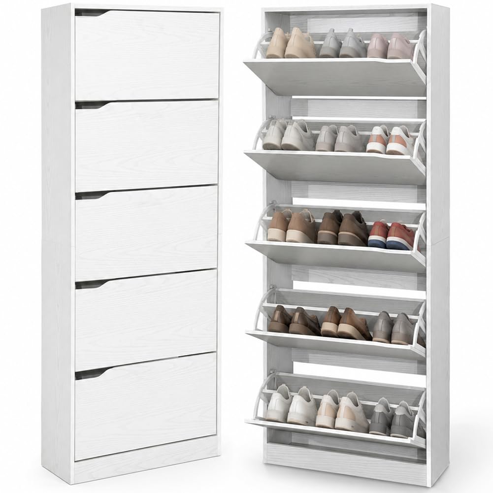 BAKAJI Scarpiera 5 Ripiani Salvaspazio con Maniglia a Scomparsa, Portascarpe con Struttura in Legno e Ante a Ribalta con Doppio Fondo, Capacità Fino a 30 Paia di Scarpe, 63 x 24 x 170 cm (Bianco)
