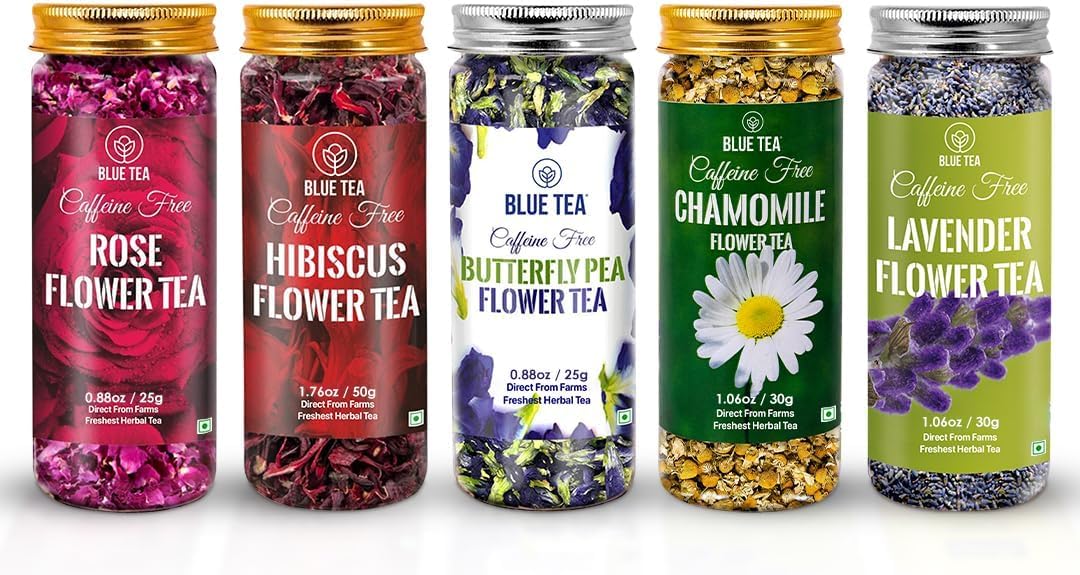 BLUE TEA - Flower Tea Combo - 5.64 Oz (Pack of 5) | Butterfly Pea, Rose, Hibiscus, Chamomile, Lavender | VARIETY PACK | Caffeine Free - Non-Bitter - Herbal Tea - Flower Based | Pet Jar Pack