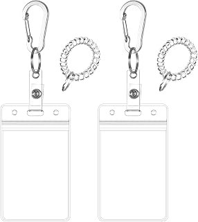 Wrist Coil ID Badge Holder with Multitool Aluminum Carabiner Clip,Stretchable Spiral Wristband Key Ring,for Lanyard Outdoor Camping Cruise (Clear Vertical, PVC)