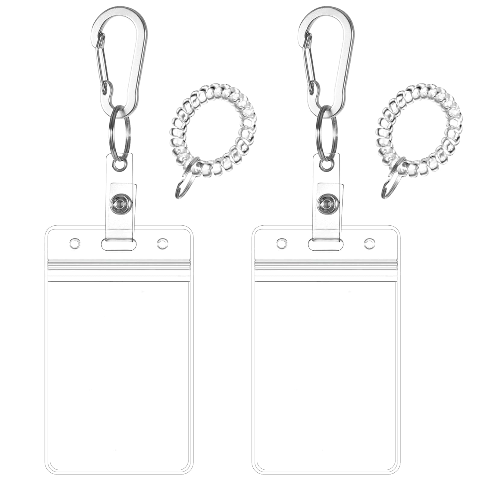 Wrist Coil ID Badge Holder with Multitool Aluminum Carabiner Clip,Stretchable Spiral Wristband Key Ring,for Lanyard Outdoor Camping Cruise (Clear