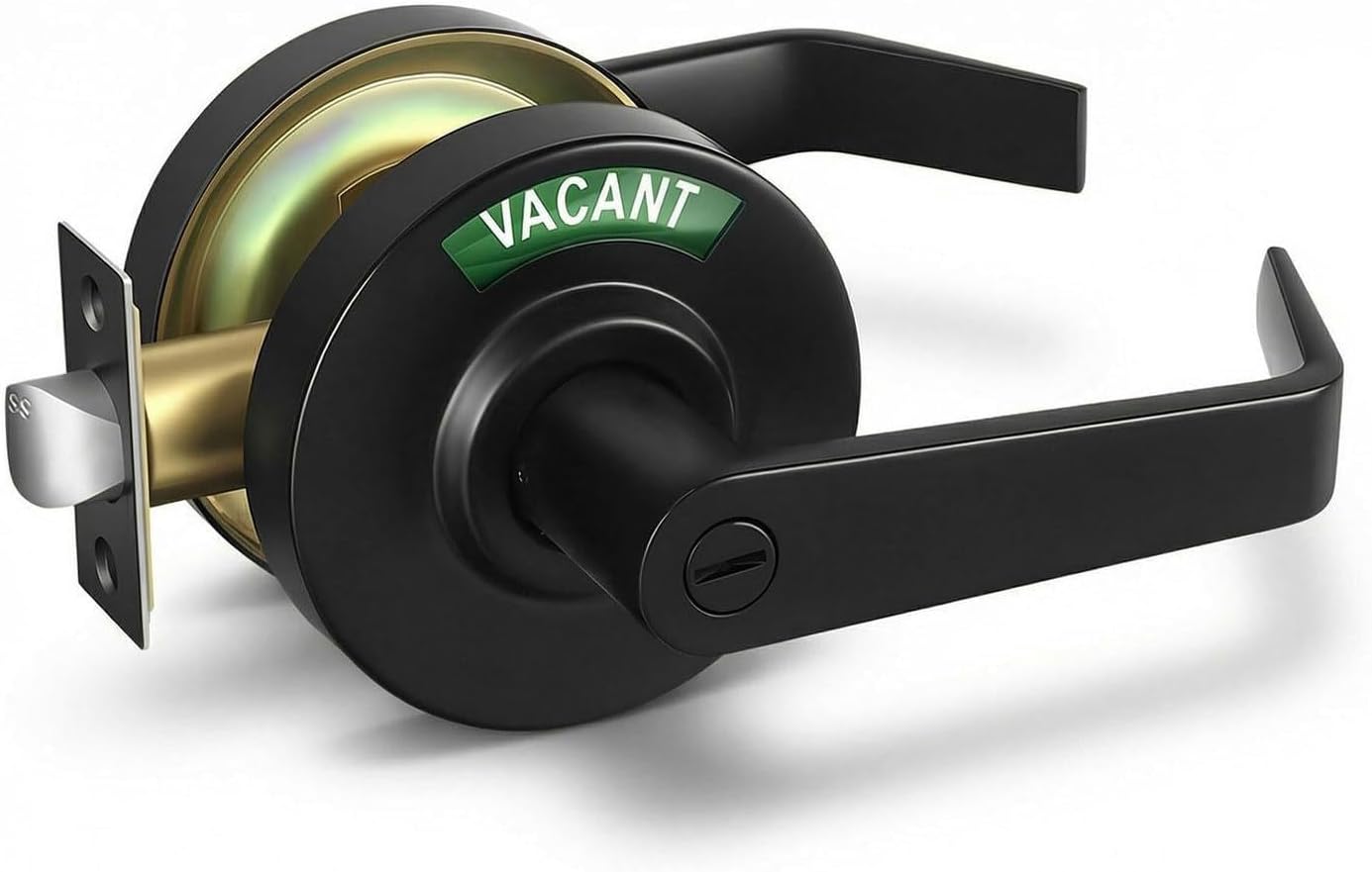 Leydebong Heavy-Duty Commercial Grade Bathroom Door Lock Handle with Occupancy Indicator, Large Vacant/in USE Sign for Restrooms, Offices, Public Bathroom, Matte Black Finish