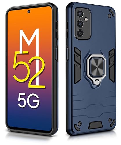 WOW IMAGINE Shock Proof Back Case Mobile Cover for Samsung Galaxy M52 5G (Tough Armor | Hybrid PC + TPU | Full Protection with Ring Holder & in-Built Kickstand | Blue)