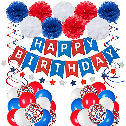 Blue White and Red Birthday Decorations, Patriotic Party Supplies Kit for Men Women Boys Grils, Happy Birthday Banner Paper Pompoms Red Blue Confetti Balloons Star Streamer for 4th of July Baseball by GuoZhiXin - Used condition - US$15.59