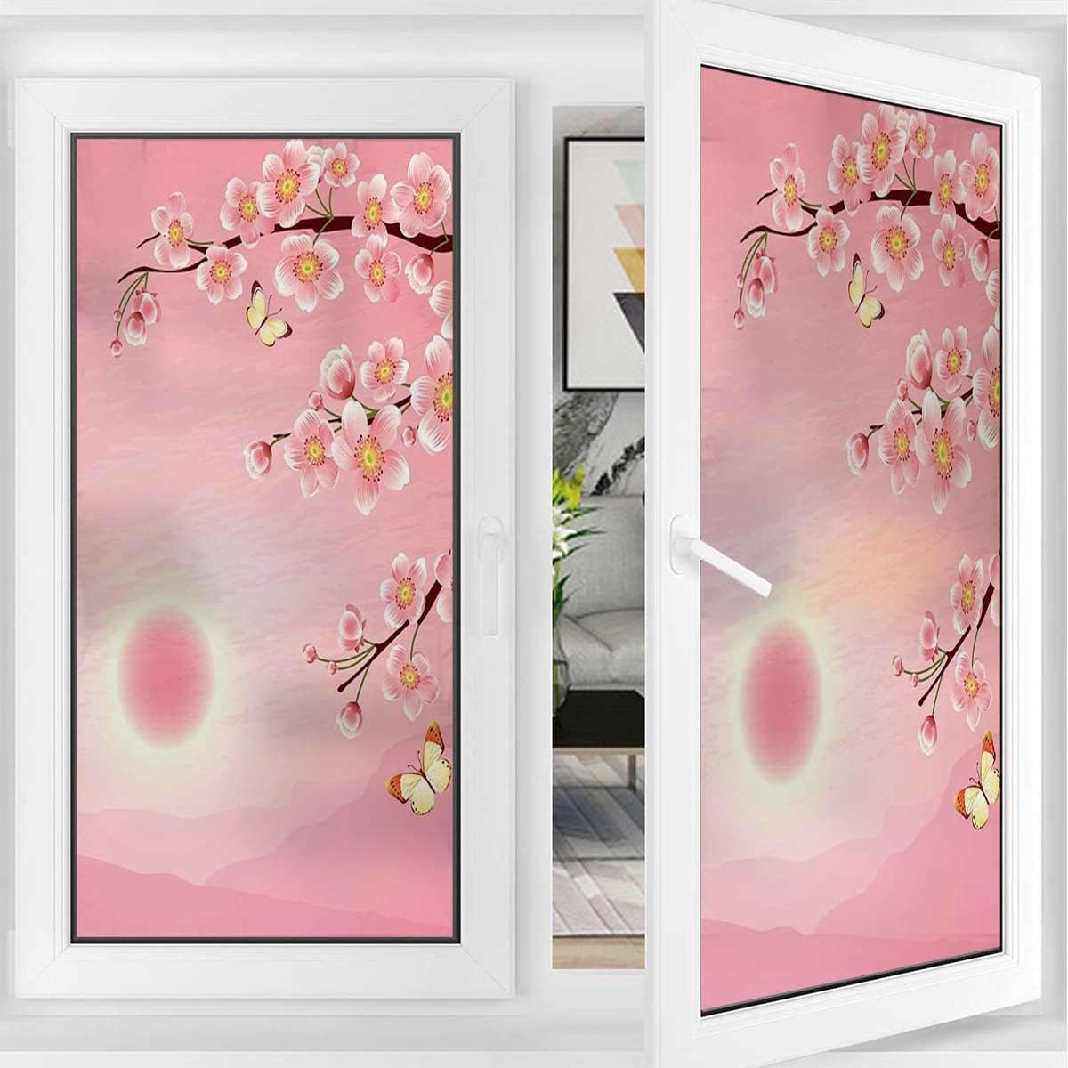 Pink Window Film Window Privacy Film Exotic Cherry Blossom Tree Season Florets Decorative Stained Glass Window Clings for Home Floral 23.6Wx59L-inch