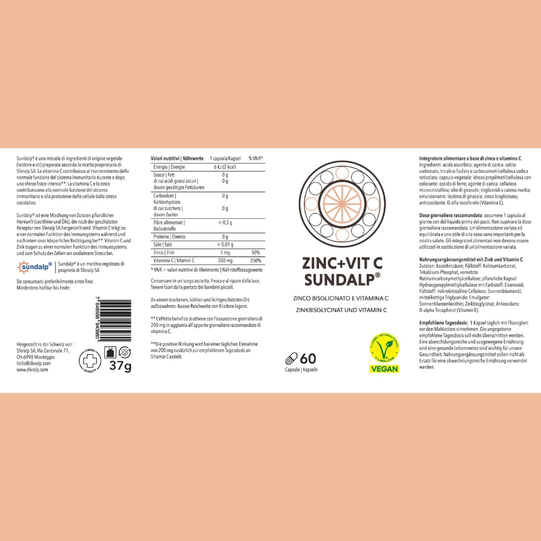 SUNDALP Zinc + Vit C | Integratore per Sistema Immunitario e Stanchezza | Integratore Alimentare con Zinco e Vitamina C - 60 Capsule