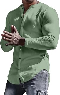 CEWIFO T Shirts Men 3XL Male Autumn and Winter Cotton Single Breasted Long Sleeved Solid Color Collarless Outdoor Shirt Mens Casual Shirts