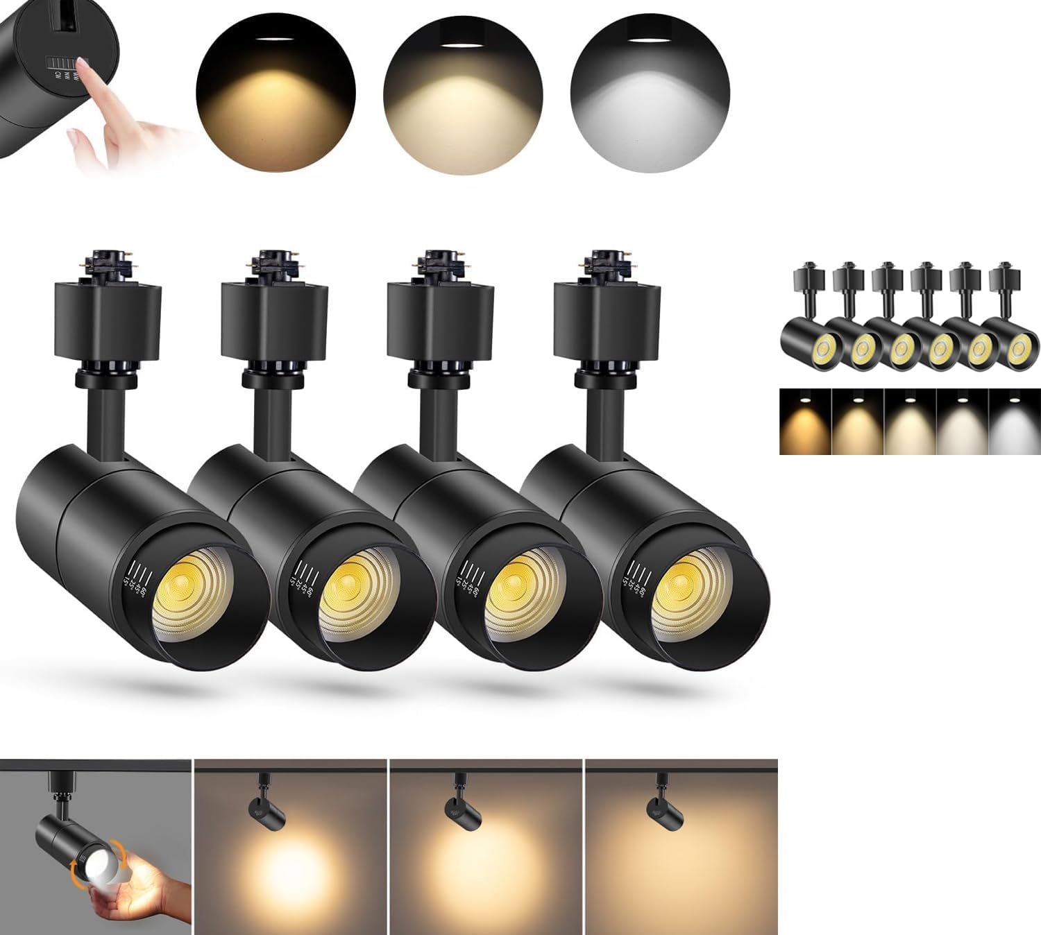 VANoopee 3-Color Zoomable 10W LED Track Lighting Heads 4 Pack + 5-Color LED Track Lighting Heads 10W 6 Pack, H Type Track Light Heads Black