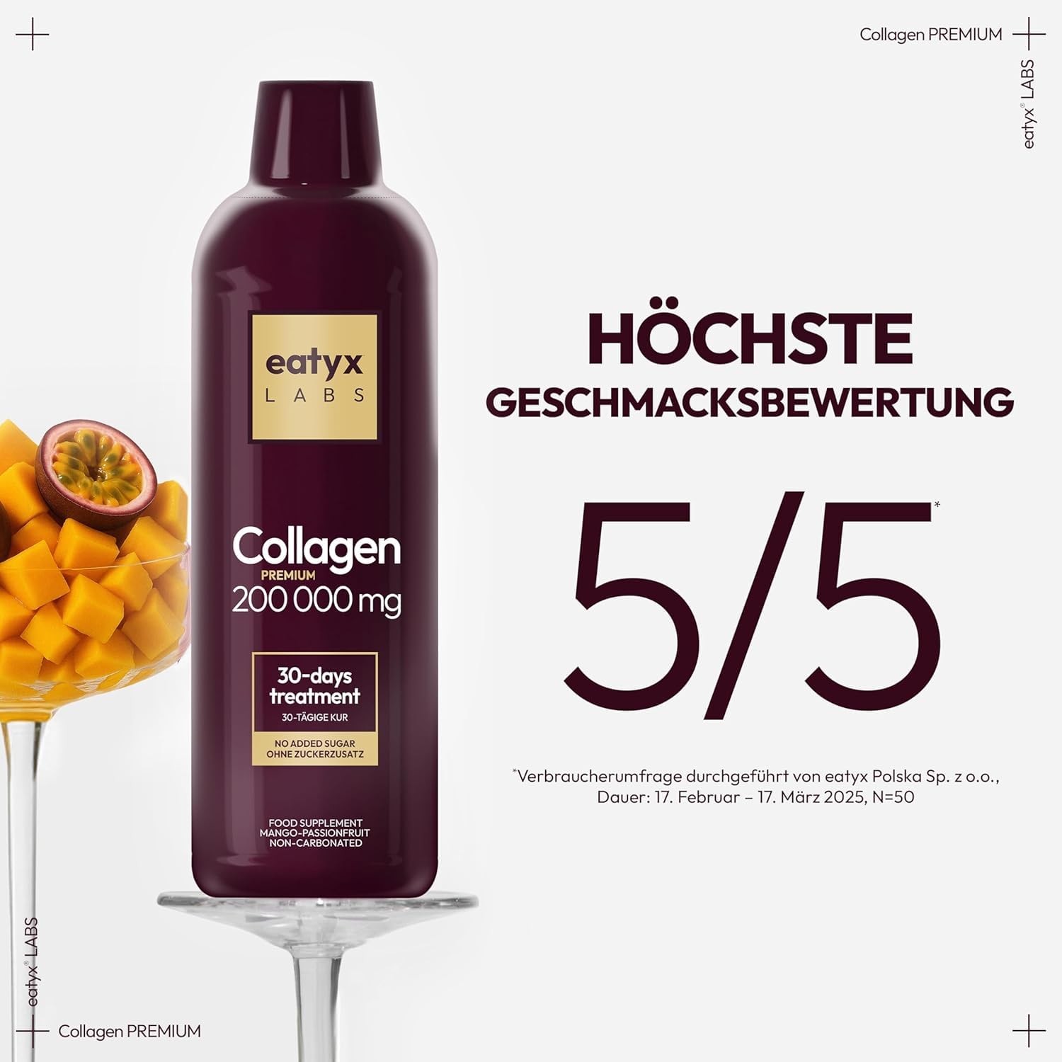 eatyx LABS Collagen Premium 200 000 mg – Wysokoskoncentrowany kolagen do picia z kwasem pantotenowym i witaminą C – Kolagen do picia dla skóry, włosów i paznokci – Smak mango-marakuja - 1L