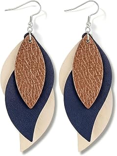 Layered Faux Leather Leaf Earrings for Women, Lightweight 3-Tier Teardrop Dangle Drop, Textured Boho Blue Brown Beige Pendant Jewelry for Western Party Gifts