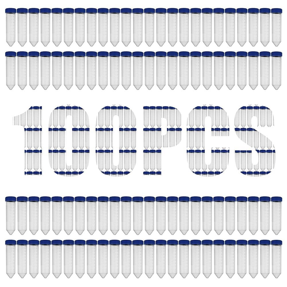 100 Pezzi con Marcature Graduate, Provette da Centrifuga da 50 Ml, Punti Scrivibili In Plastica e Tappi A Vite Blu.
