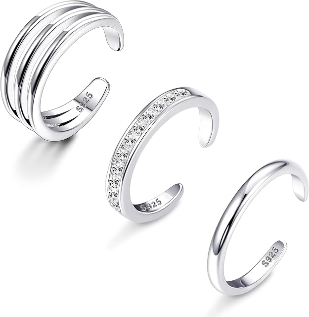 LOLIAS 925 Sterling Silver Open Toe Rings Set Finger Ring Joint Ring for Women Girls Hypoallergenic Adjustable Open Toe Rings Tail Finger Rings Set 3Pcs Beach Foot Ring Jewelry