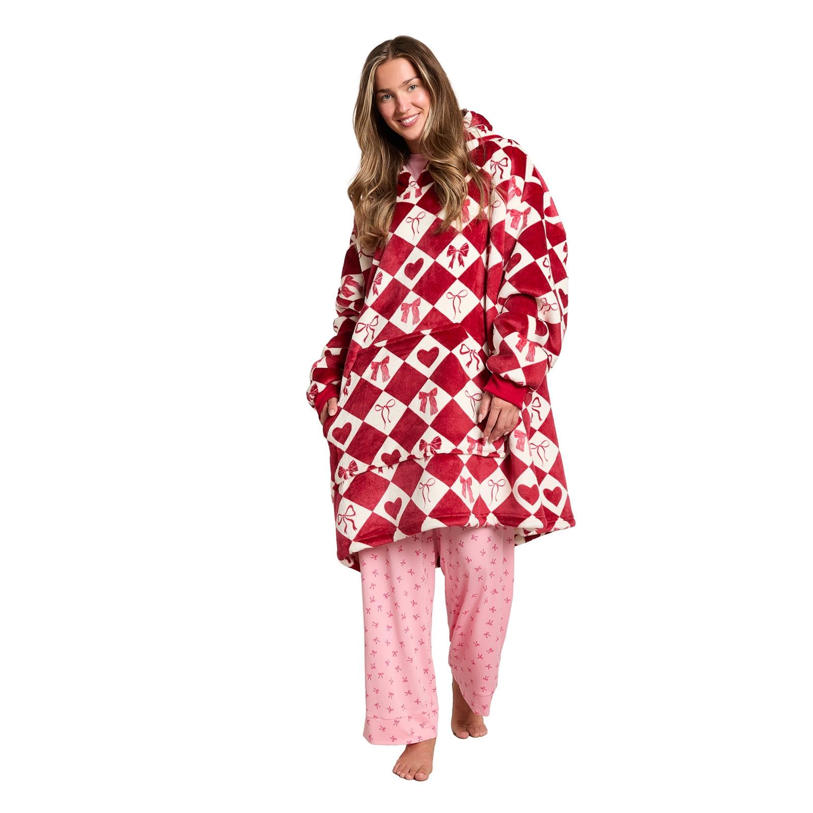 OHS Lattice Bow Oversized Hoodie Blanket Sherpa Fleece Sweatshirt, Blue