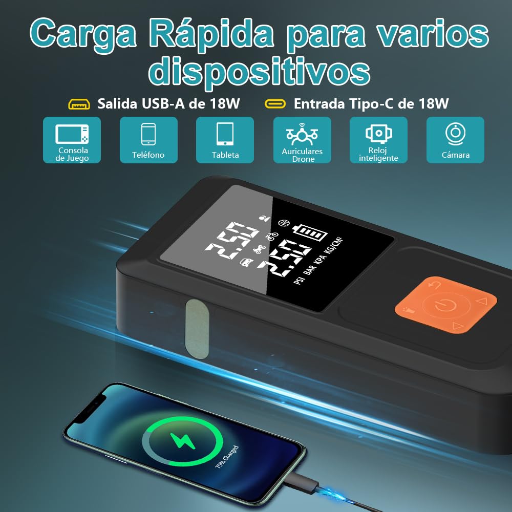 Arrancador de Batería 12V para Coche (Gasolina/Diésel) con Compresor de Aire Portátil y Power Bank 3 en 1, Inflador Eléctrico 10000mAh con Pantalla LCD y Arranque de Emergencia, Carga Rápida