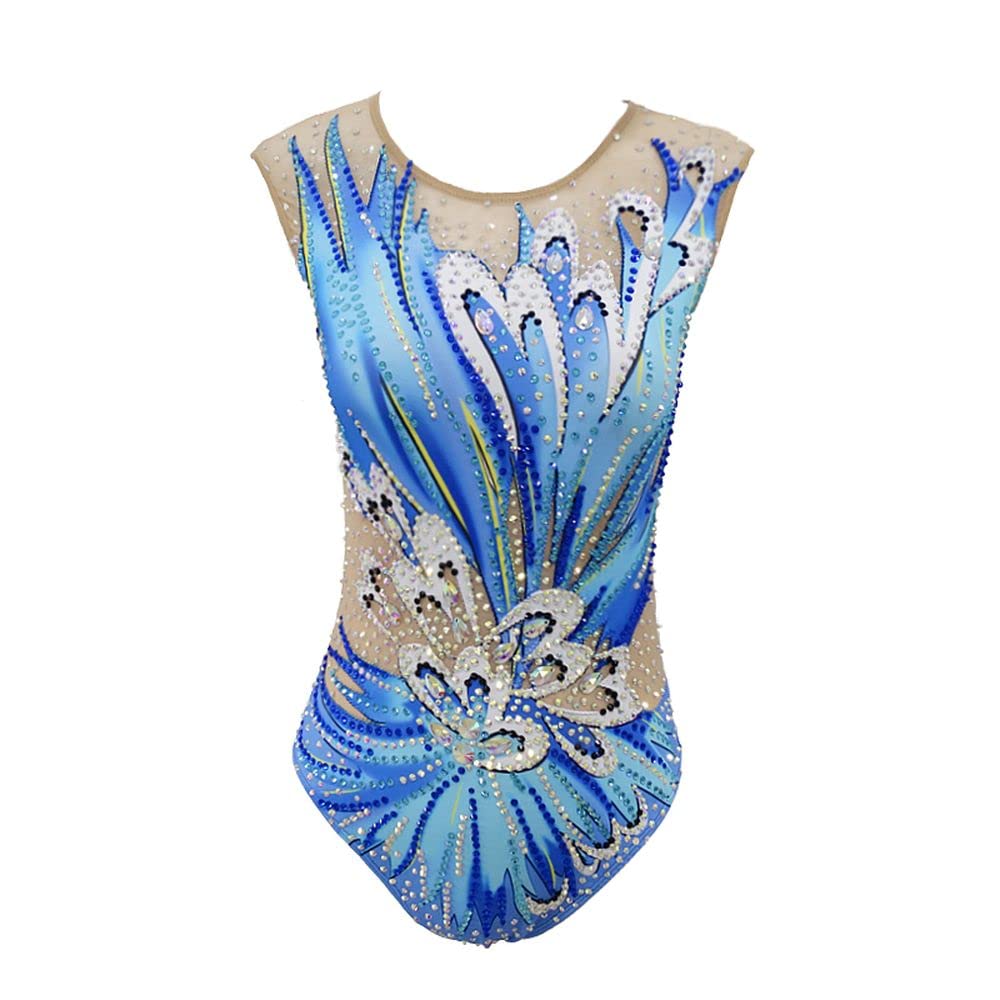 LIUHUO Girls Synchronized Swimming Suits Women Performance Competitive Dance Leotards Handmade (Blue,Small)