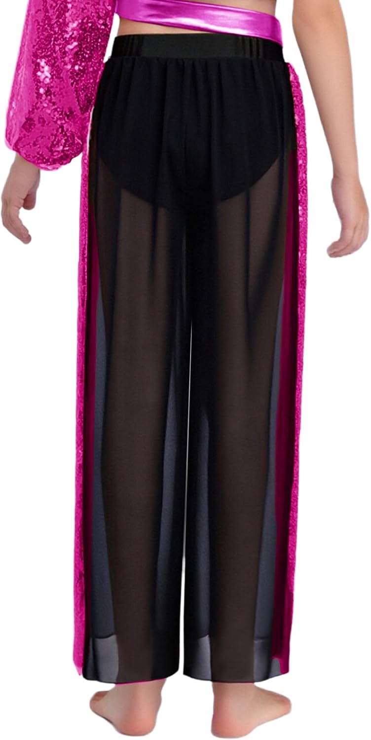Kids Girls Modern Lyrical Dance Pants Sparkly Sequin Sheer Mesh Wide Leg Loose Trousers Cover Up