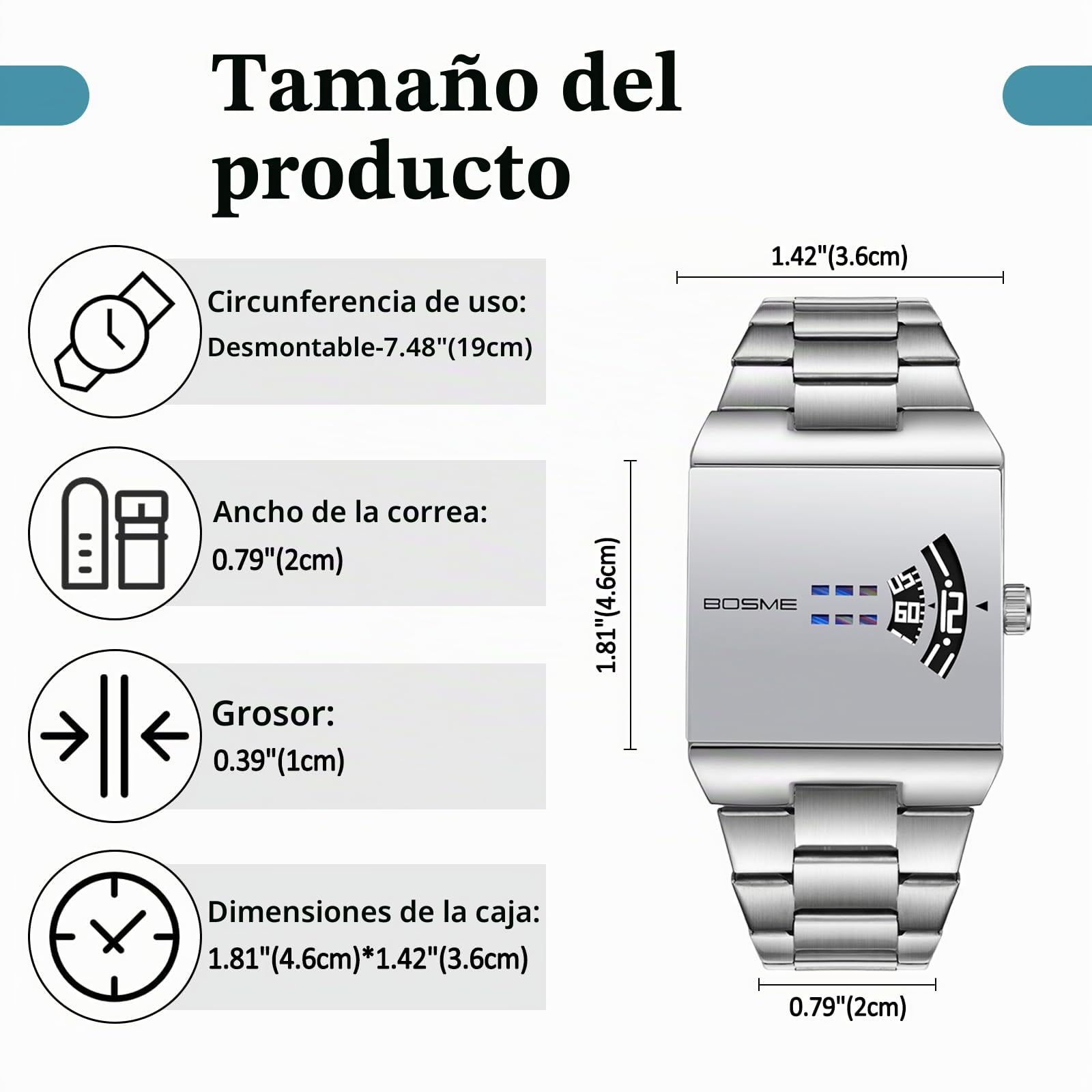 OIDEA - Reloj para hombre, cuadrado, cuarzo, caja plateada, pulsera de acero inoxidable, desmontable, esfera plateada, pantalla sin agujas, estilo Jump Hour Y2K Hip Hop, regalo para hombre