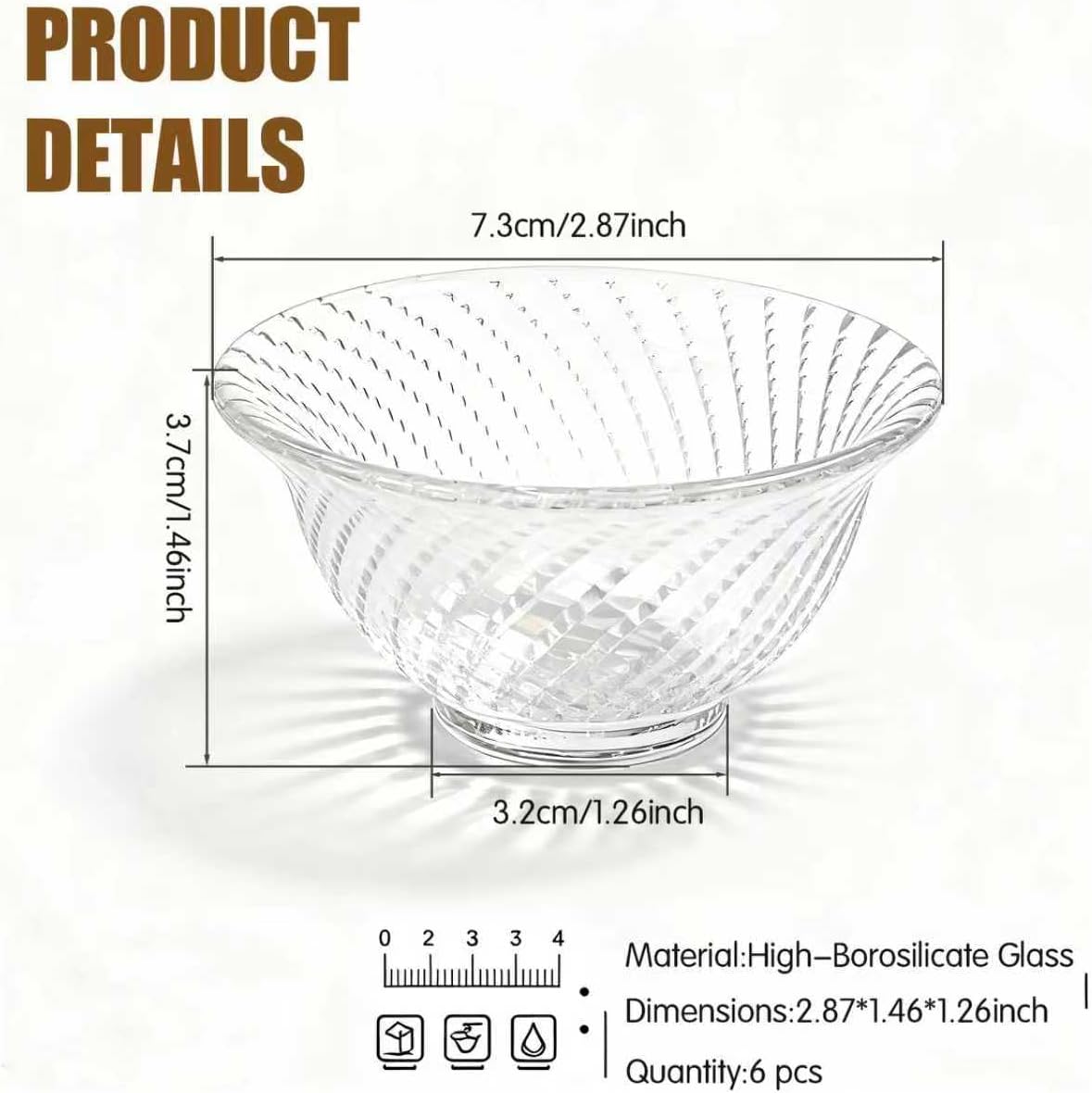 Glass Dipping Bowls, Mini Glass Soy Sauce Dish, Side Dishes, Small Appetizer Plates, Stackable Set of 6 (Clear)