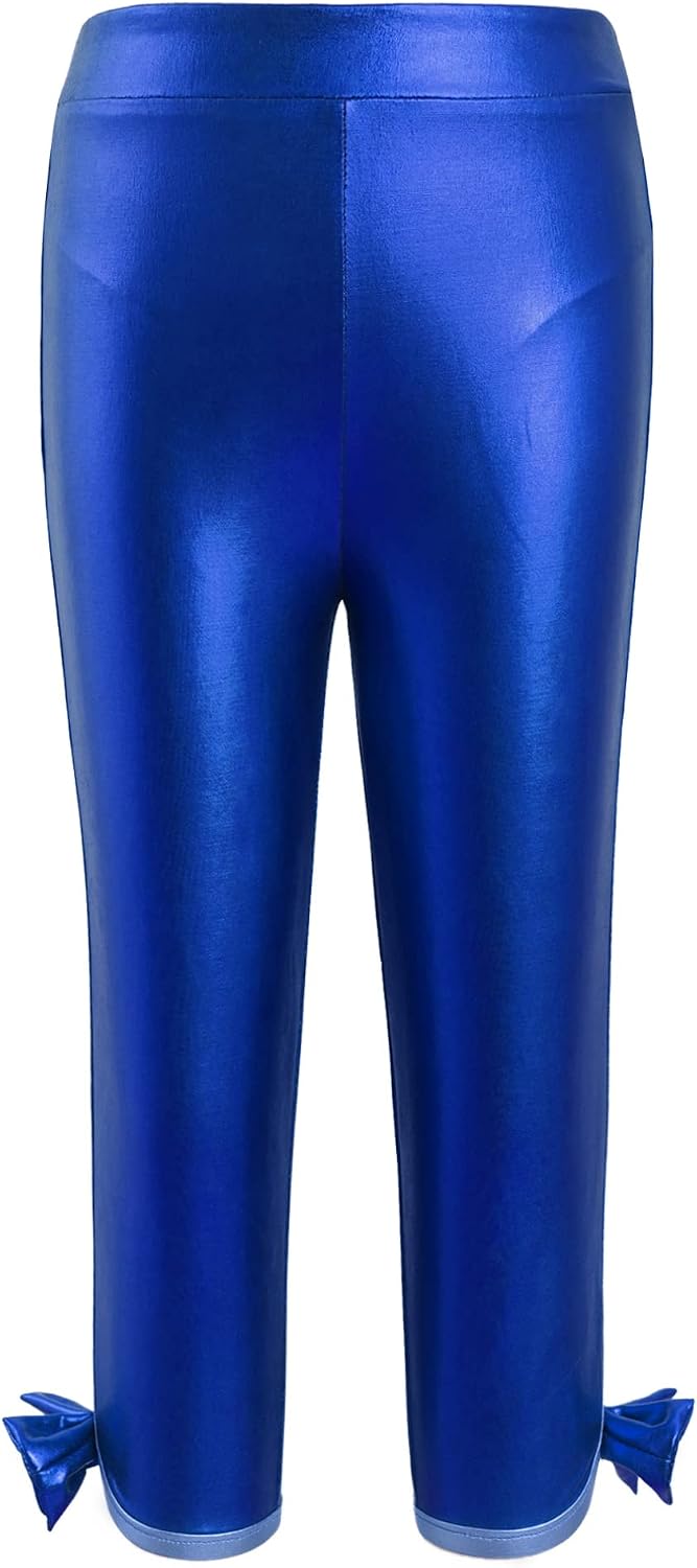 easyforever Kids Girls Shiny Metallic Solid Skinny Leggings Trousers Gymnastics Bowknot Hem Dance Yoga Cropped Pants