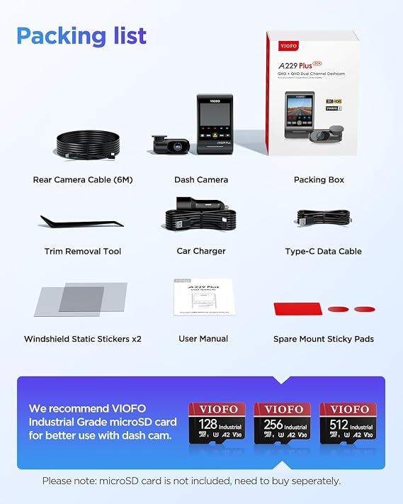 Viofo A229 Plus 3 Kameralı Ön-İç-Arka 2K+2K+1080P HDR Sony Starvis 2 WiFi GPS’li Araç Kamerası