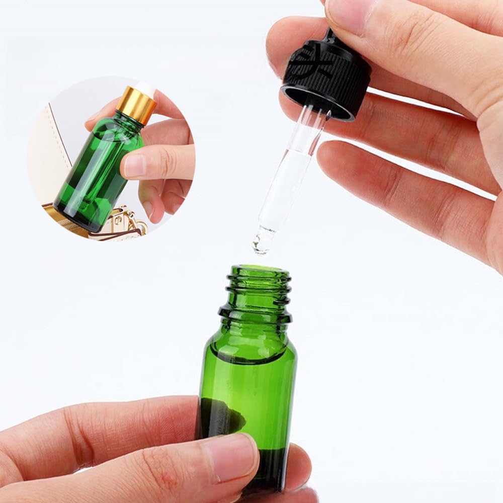Leere Glasflaschen für ätherische Öle, für Öle, Aufbewahrungsbehälter, Kosmetik, Reiseverpackung, Reagenzmittel, Aromatherapie, Flüssigkeitspipette, nachfüllbar, Reisefläschchen (grün-schwarze
