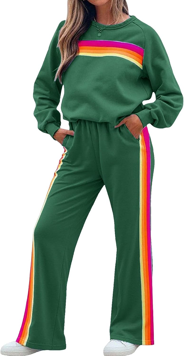 Two Piece Workout Sets for Women Rainbow Striped Sweatshirts High Waist Sweatpant Matching Lounge Set