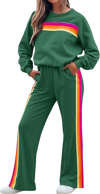2 Piece Lounge Set for Women Rainbow Striped Sweatshirts High Waist Sweatpant Shorts Color Blocked Suit Sweatsuit