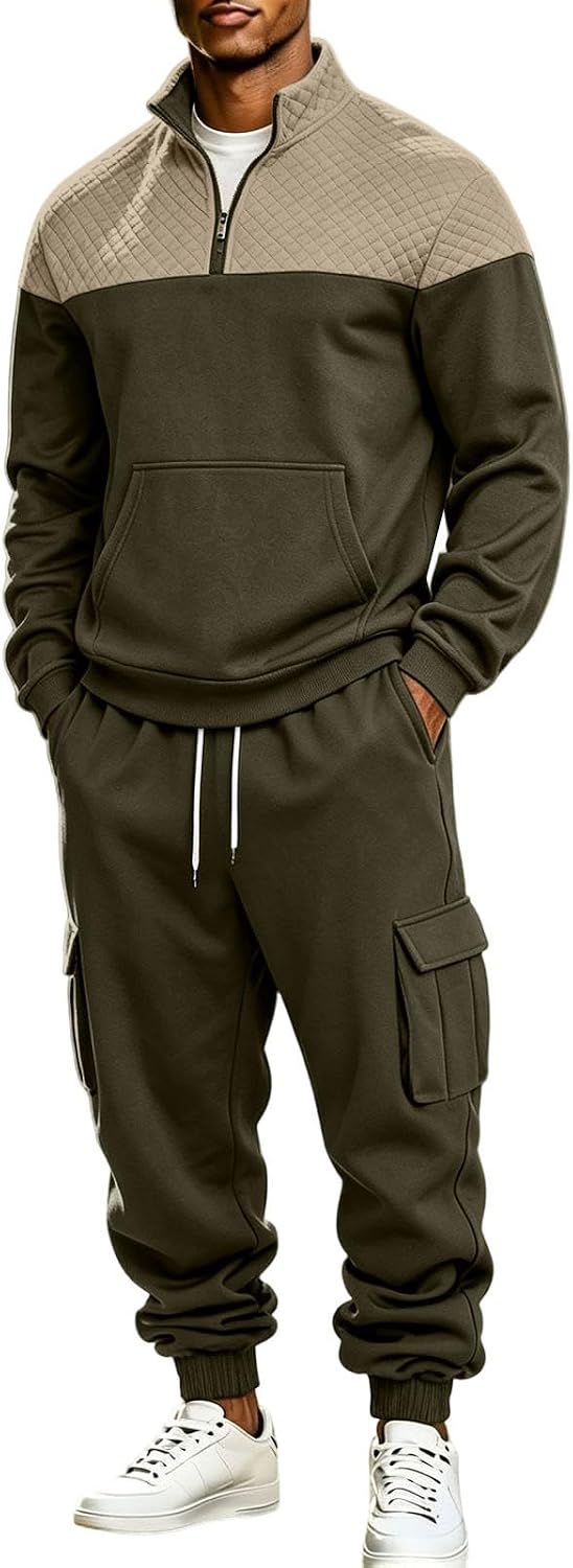 Men's Quarter Zip Quilted Cargo Set Colorblock Fleece Sweatsuit