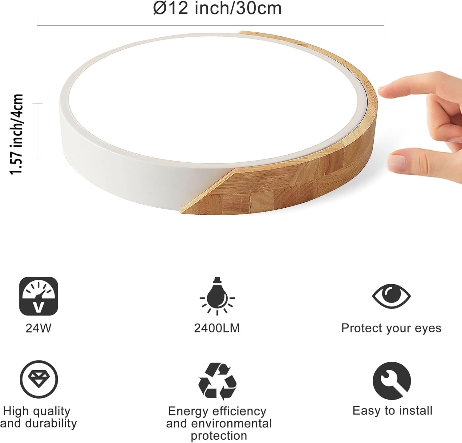 Flush Mount Ceiling Light, 12 inch LED Ceiling Light Fixture, Matte White with Wood, 4500K/24W(150w Equiv.), Not Dimmable Indoor Lighting Fixtures Ceiling for Bedroom and Hallway