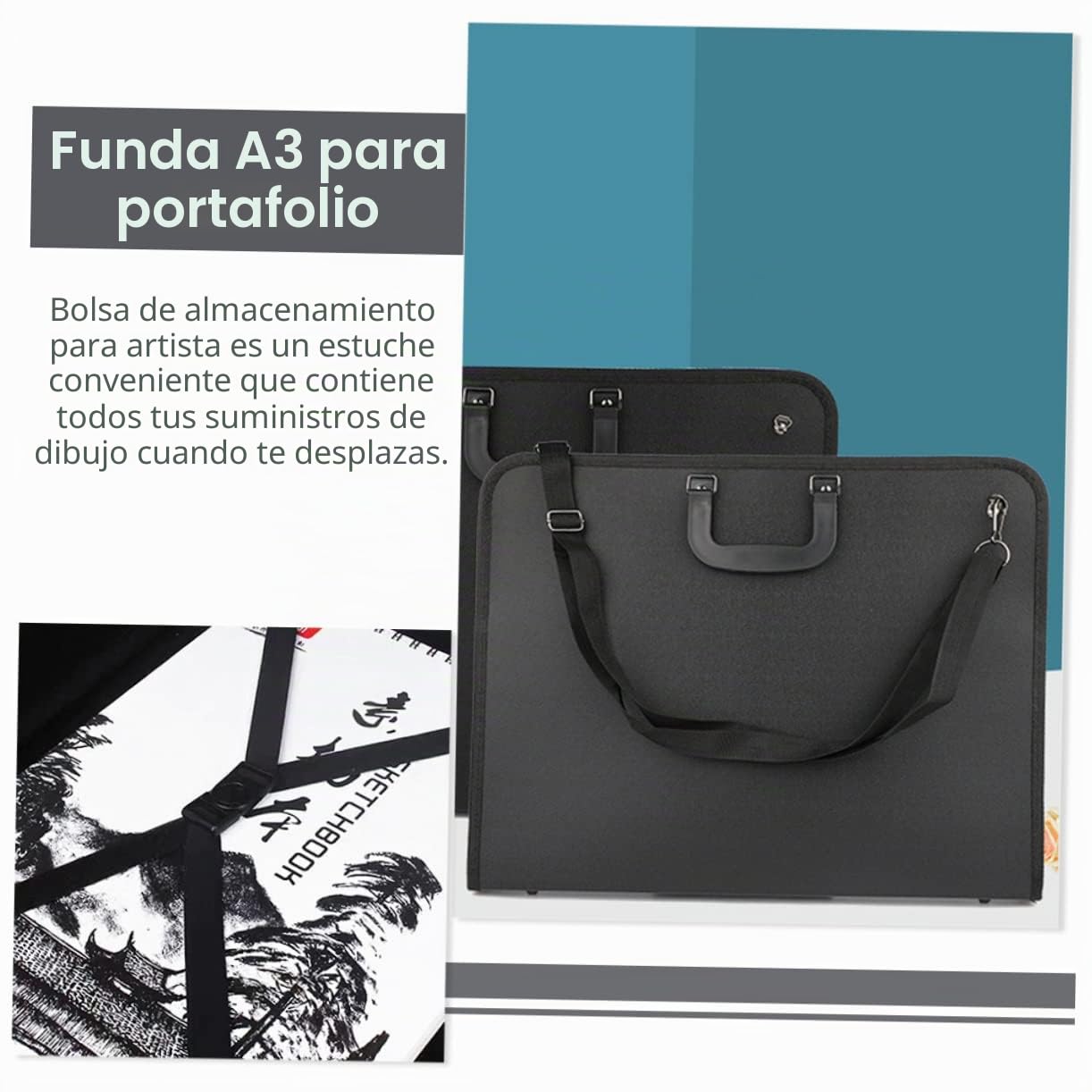 SHINEOFI Carpeta Dibujo para Artistas, Bolsa de Almacenamiento de Arte Negra en Tejido Oxford 600d, Ligera Asa, Adecuado para Transportar Obras
