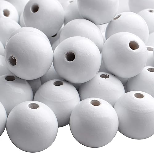 Vista 35 de Aylifu Cuentas de madera blancas, 100 cuentas de madera redondas de 0.787 pulgadas (0.787 in), cuentas espaciadoras sueltas con agujero grande