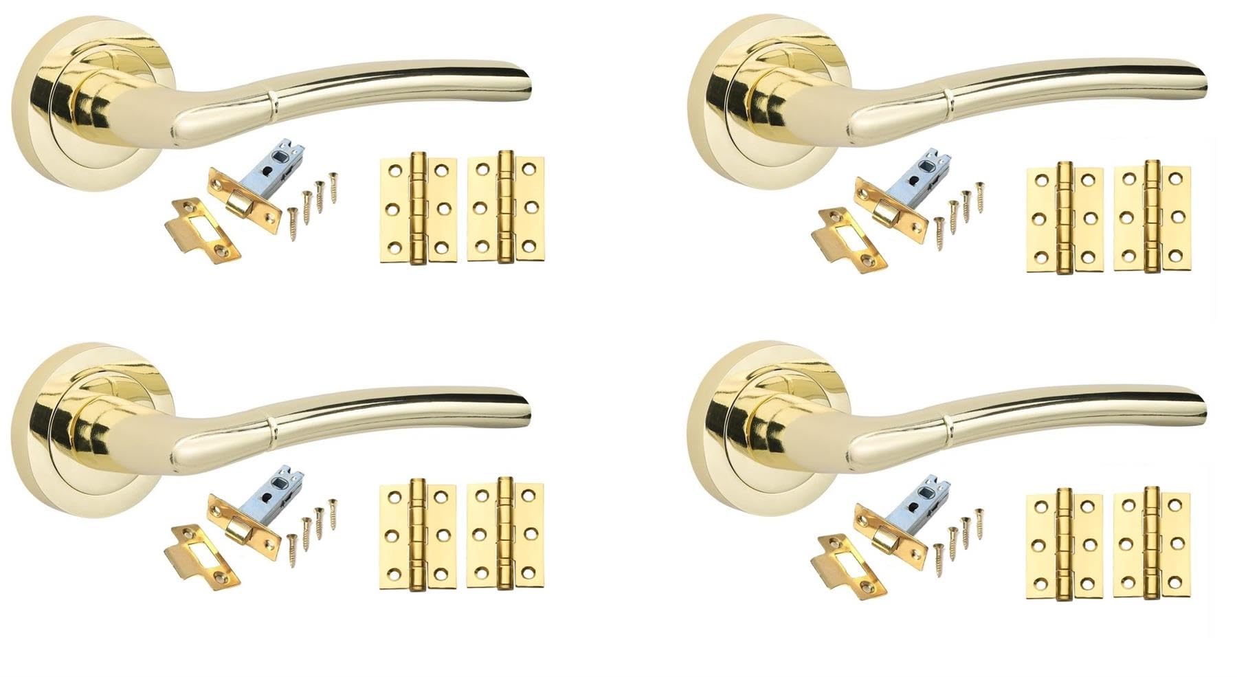 Golden Grace Indiana Design Door Handles in Polished Brass Finish with Tubular Latch & 1 Pair of 3" Ball Bearing Hinges - 4 Sets