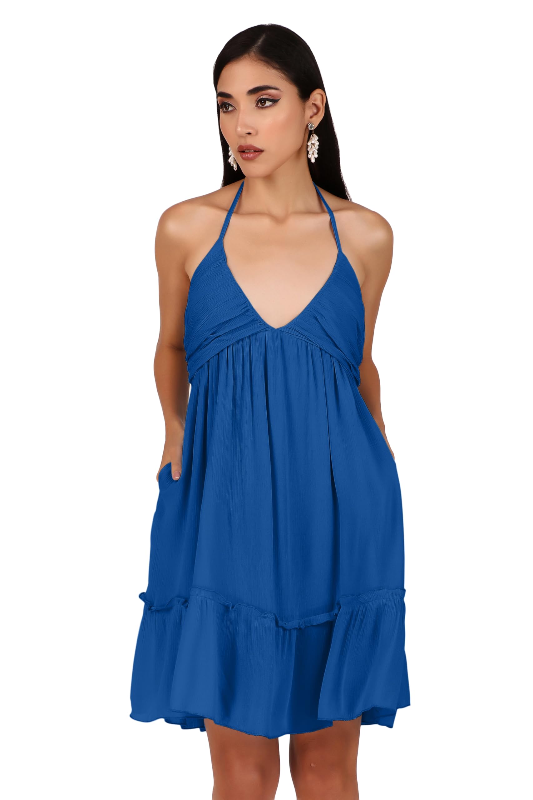 BoheeWohee Casual V Neck Spaghetti Strap Bohemian Cottagecore Summer Gypsy Beach Mini Dress