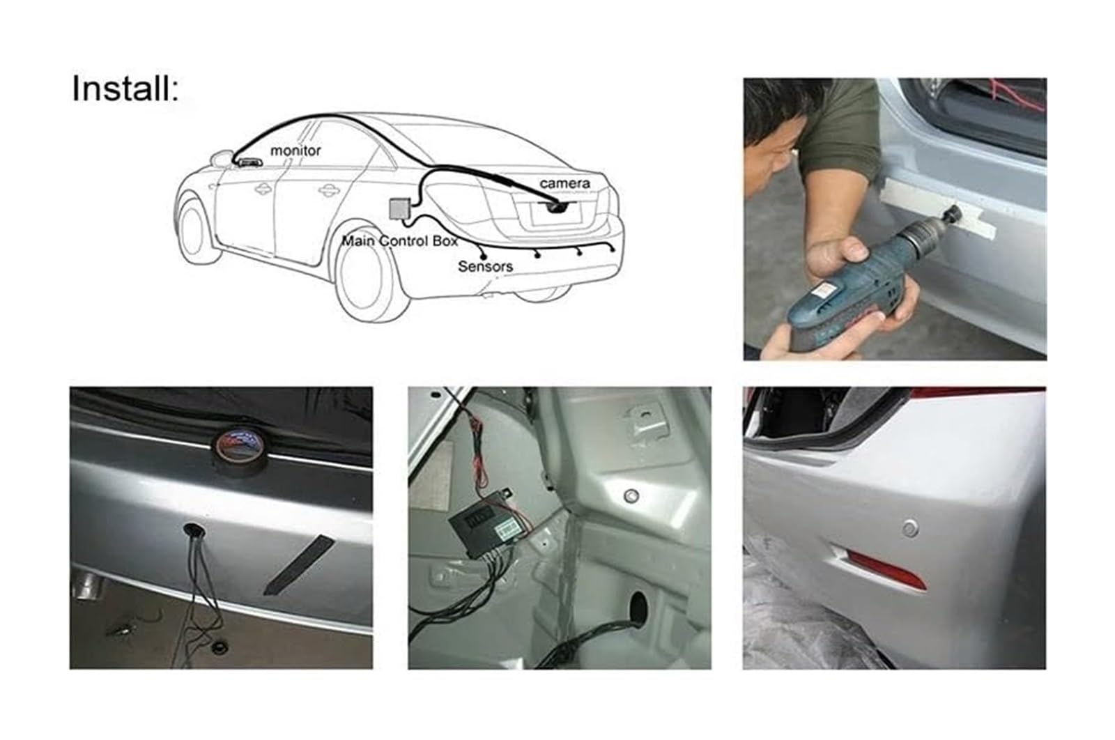 Sensori Radar Retromarcia Posteriori Per Auto CVBS Video Parcheggio Backup Cicalino Monitor Supporto Visualizzazione Immagine 4 Macchina Sensori(bianca)