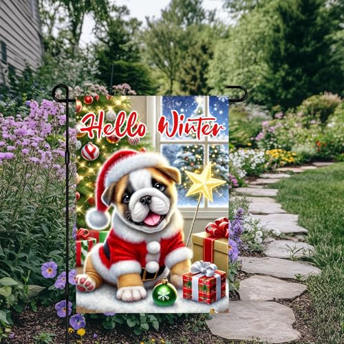 Image of BlissYard Garden Flag Bulldog Puppy Winter 12x18 Inch Polyester