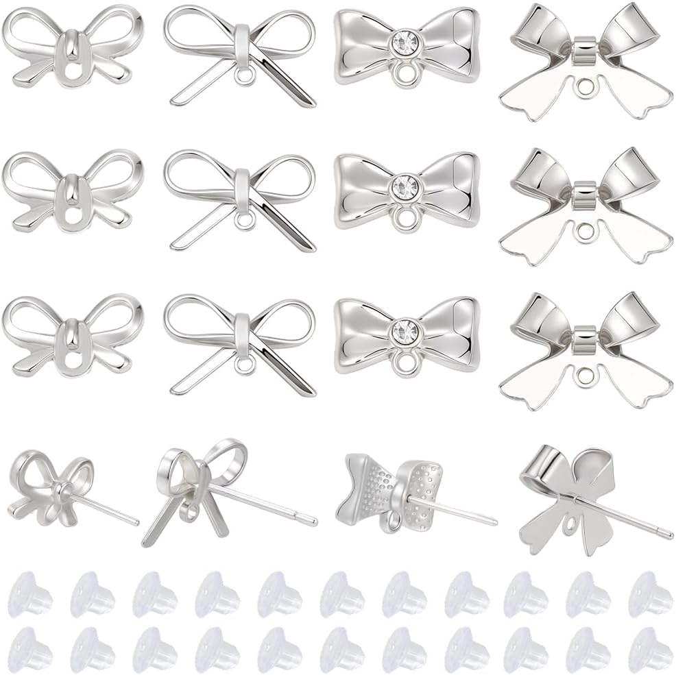SUNNYCLUE 1 Box 148Pcs Post Earring Findings Bow Earring Posts Silver Cute
