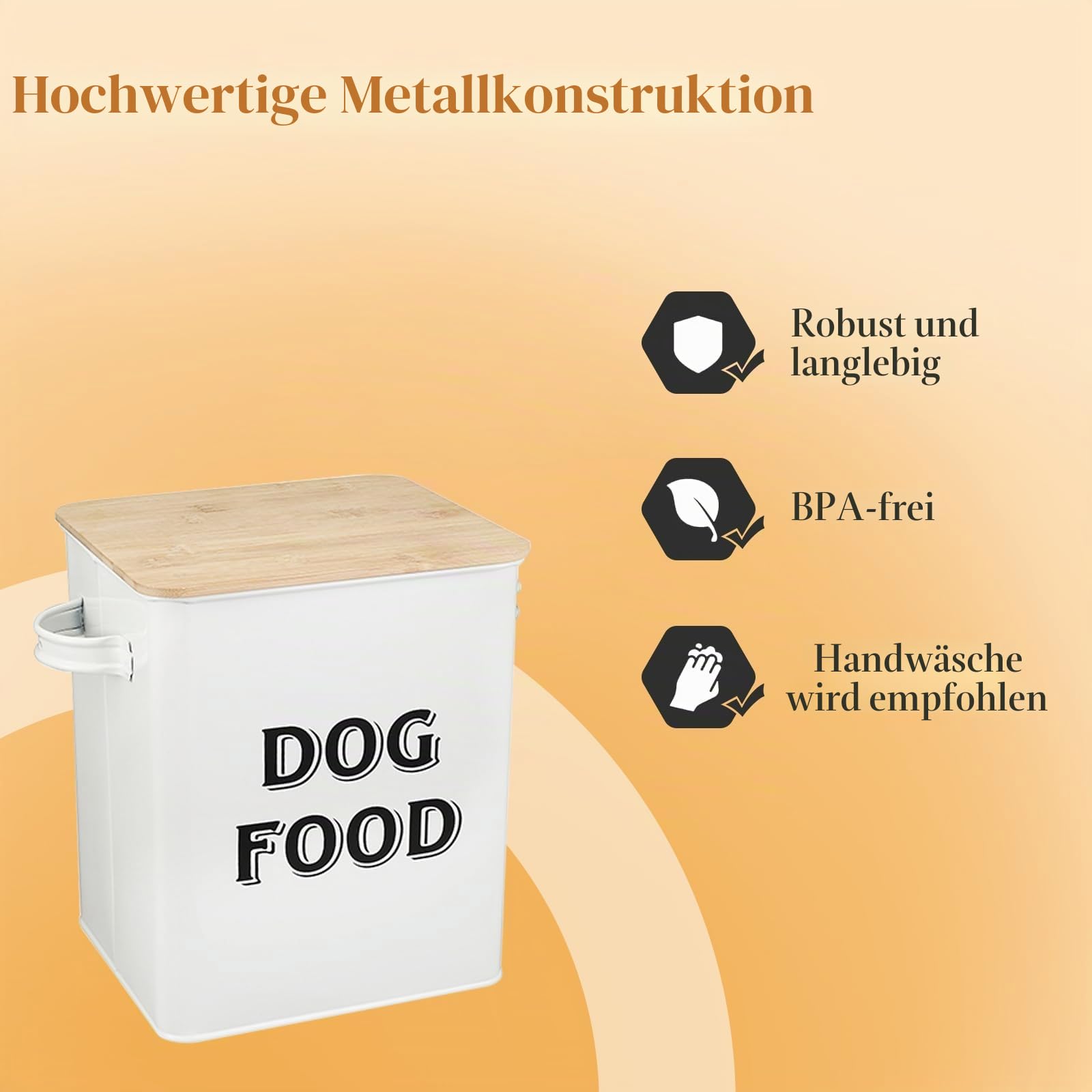 Pethiy Hundefutter und Hundeleckerlis Behälter,Futtertonne mit Schaufel,Eng anliegende Holzdeckel,beschichteter Kohlenstoffstahl,Aufbewahrungsbehälter Dosen,vorratsbehälter für hundefutter -Weiß