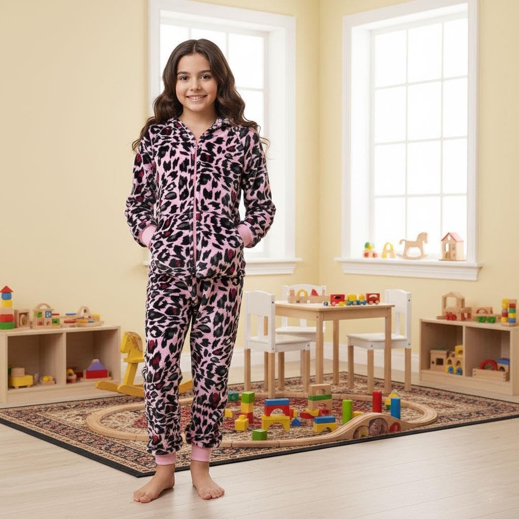 A2Z 4 Kids Girls Onesie Leopard Pyjama Sets A2Z Onesie One Piece Hooded All in One Jumpsuit Soft Fleece Comfortable