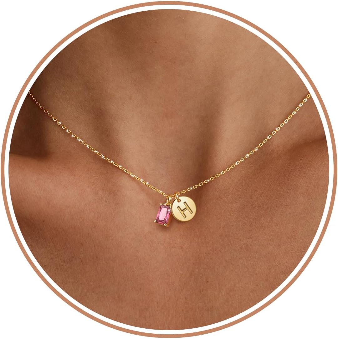 Birthstone Necklace for Women, Initial Necklace Valentines Day Gift Dainty Gold Necklace for Women with Initial Birthday Gifts for Her Teen Trendy Stuff Letter A-Z Pendant Mothers Day Necklaces Gifts for Mom Daughter Sister Christmas Jewelry