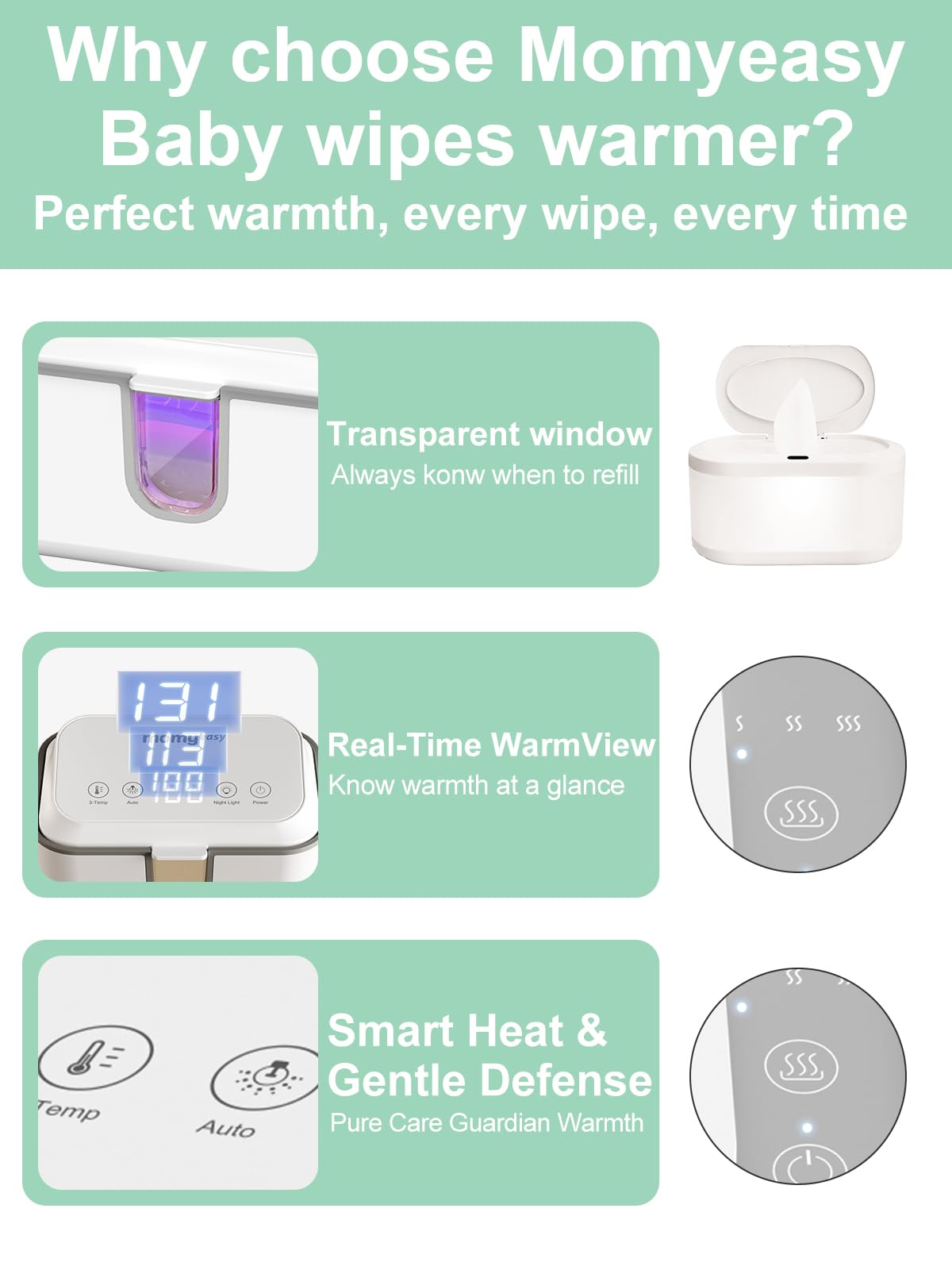 MOMYEASY Chauffe-lingettes pour bébé, distributeur de lingettes de grande capacité avec 3 modes de température, chauffe-couches chauffant uniforme avec veilleuse pour bébés/adultes
