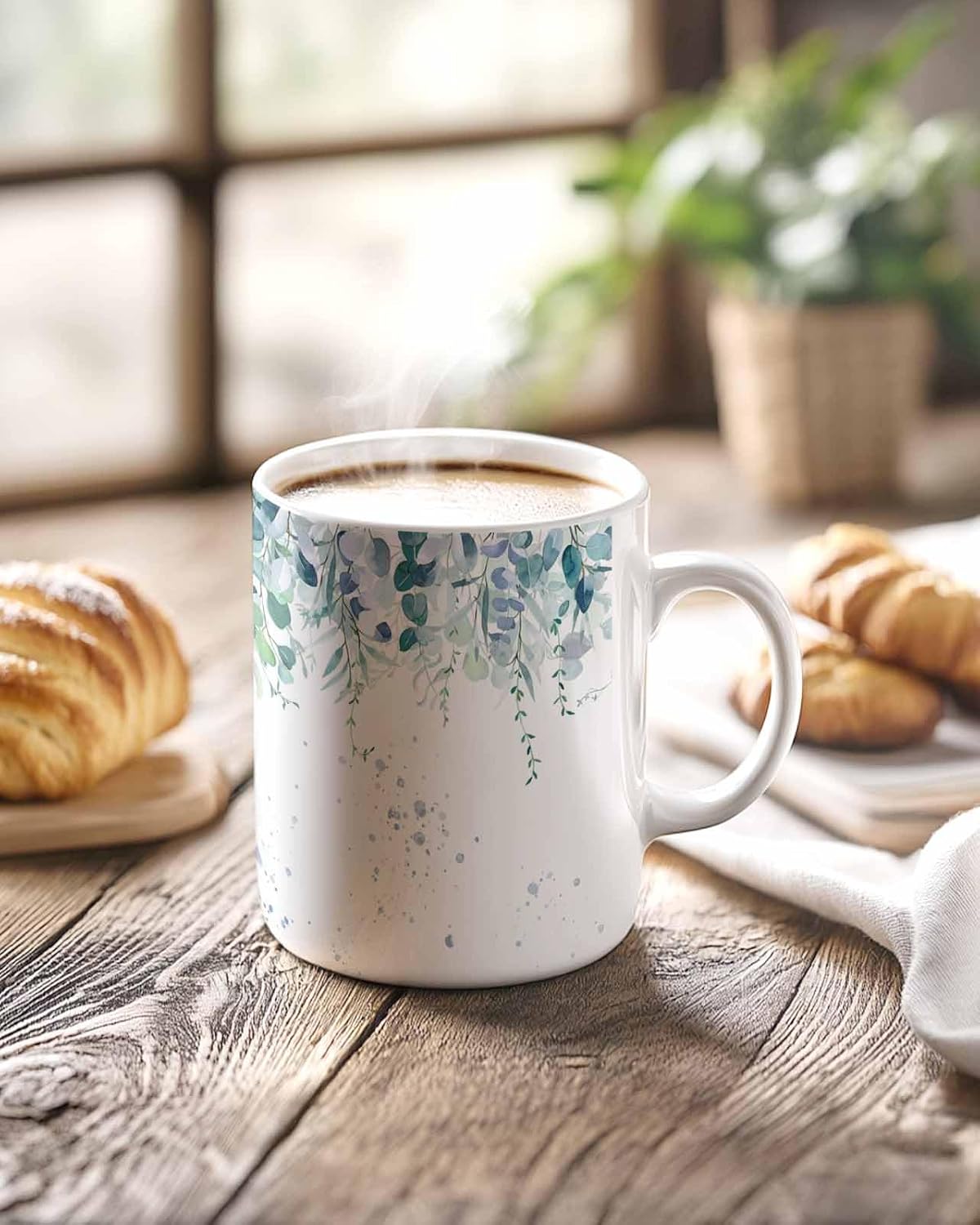 BEMIGO Ceramic Coffee Mug Hanging Eucalyptus Leaves Spring Ceramic Mug White Cup, Watercolor Green Blue Insulated Coffee Cup with Handle with Pattern Perfect for Tea and Hot Beverages, 12oz