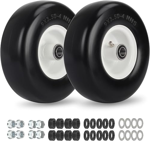 9x3.50-4 Zero Turn Mower Flat Free Tire and Wheel Assembly, Smooth Tread Front Tires for ZTR Mowers, 1/2'' & 3/4" & 5/8" Bearing Bore, Adjustable Centered Hub Length 3.5"-4"-4.5"-5", 2-Pack