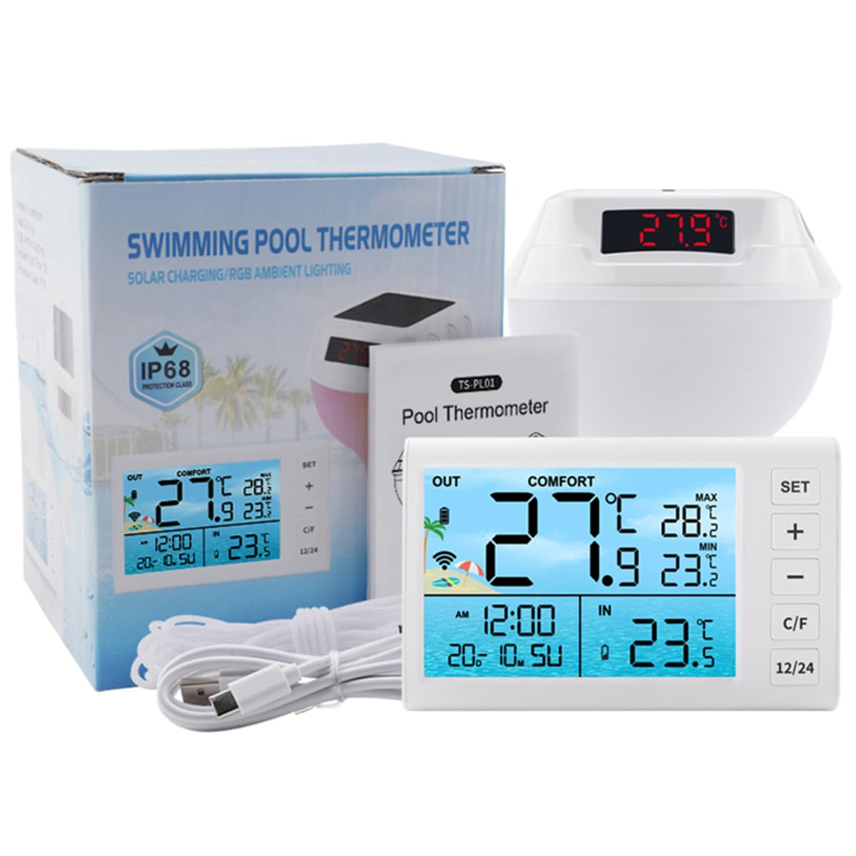 Termómetro flotante inalámbrico para piscina con indicador digital LED de temperatura del agua y clasificación de impermeabilidad IP68, ABS, color blanco