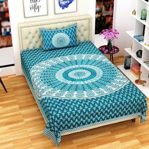 Image of RajasthaniKart Comfort Rajasthani Jaipuri Traditional Sanganeri Print 144 TC 100% Cotton Single Bedsheet with 1 Pillow Cover SB-257 (Green)