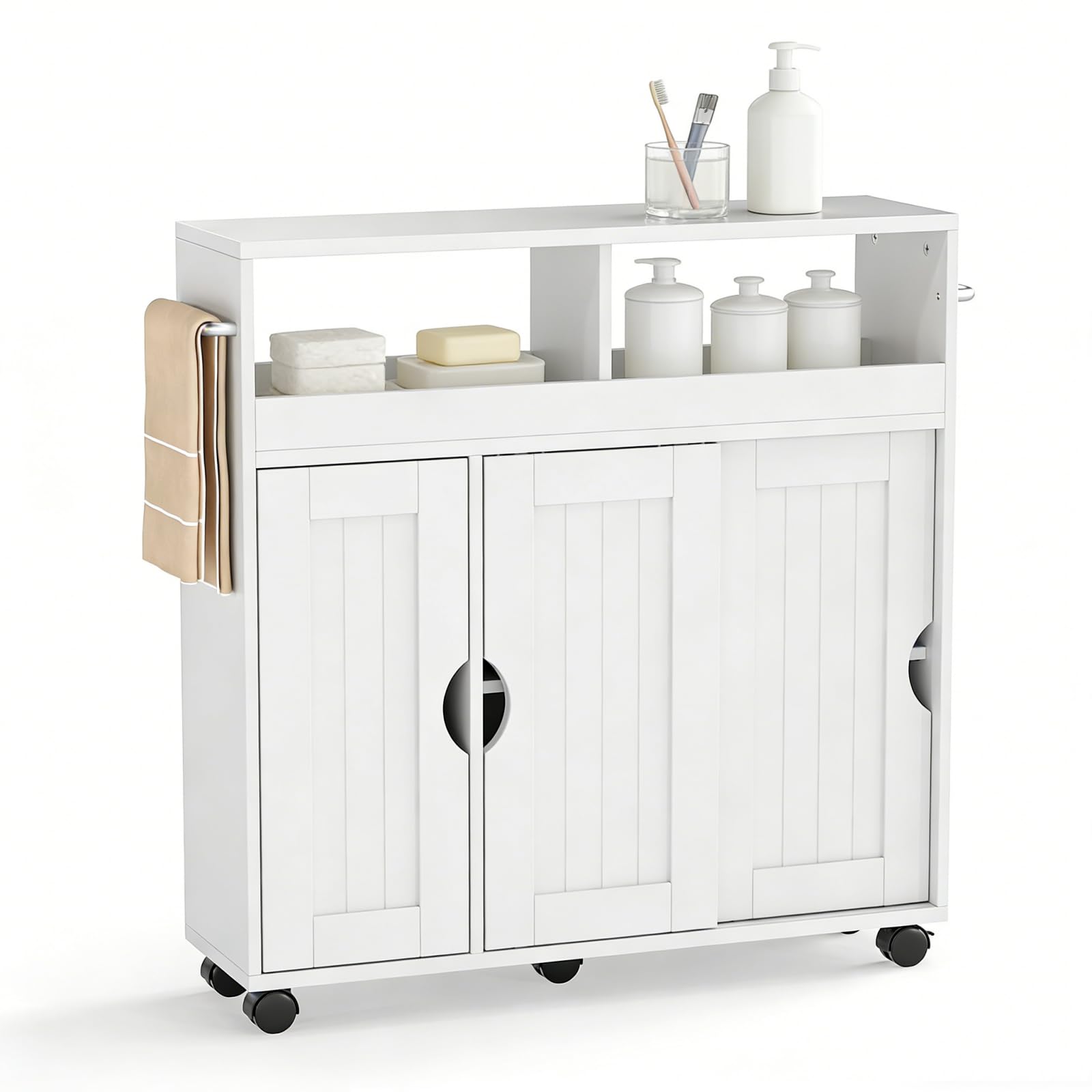 LIFEZEAL Nischenschrank, Badezimmerschrank schmal mit offenen Ablagen, Schrank & Schiebetüren, Nischenwagen mit verstellbarem Einlegeboden, Badrollwagen für Bad, Küche, 75 x 20 x 72 cm, Weiß
