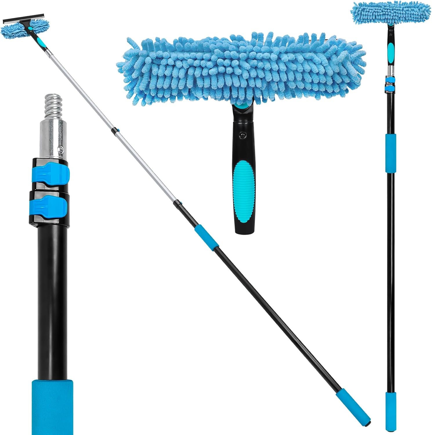 20 Feet High Reach Window Squeegee with 5-12Ft Extension Pole, 2 in 1 Rotatable Window Cleaning kit for High Window, Solar Panel Outdoor Window Washing Equipment 12 feet long handle