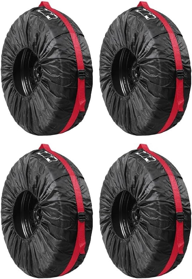 Waterproof Tire Storage Bags 4 Pack, Polyester Wheel Covers 18-22 Inch Tires to 80cm, Adjustable Buckle Case Seasonal Change, Red and Black