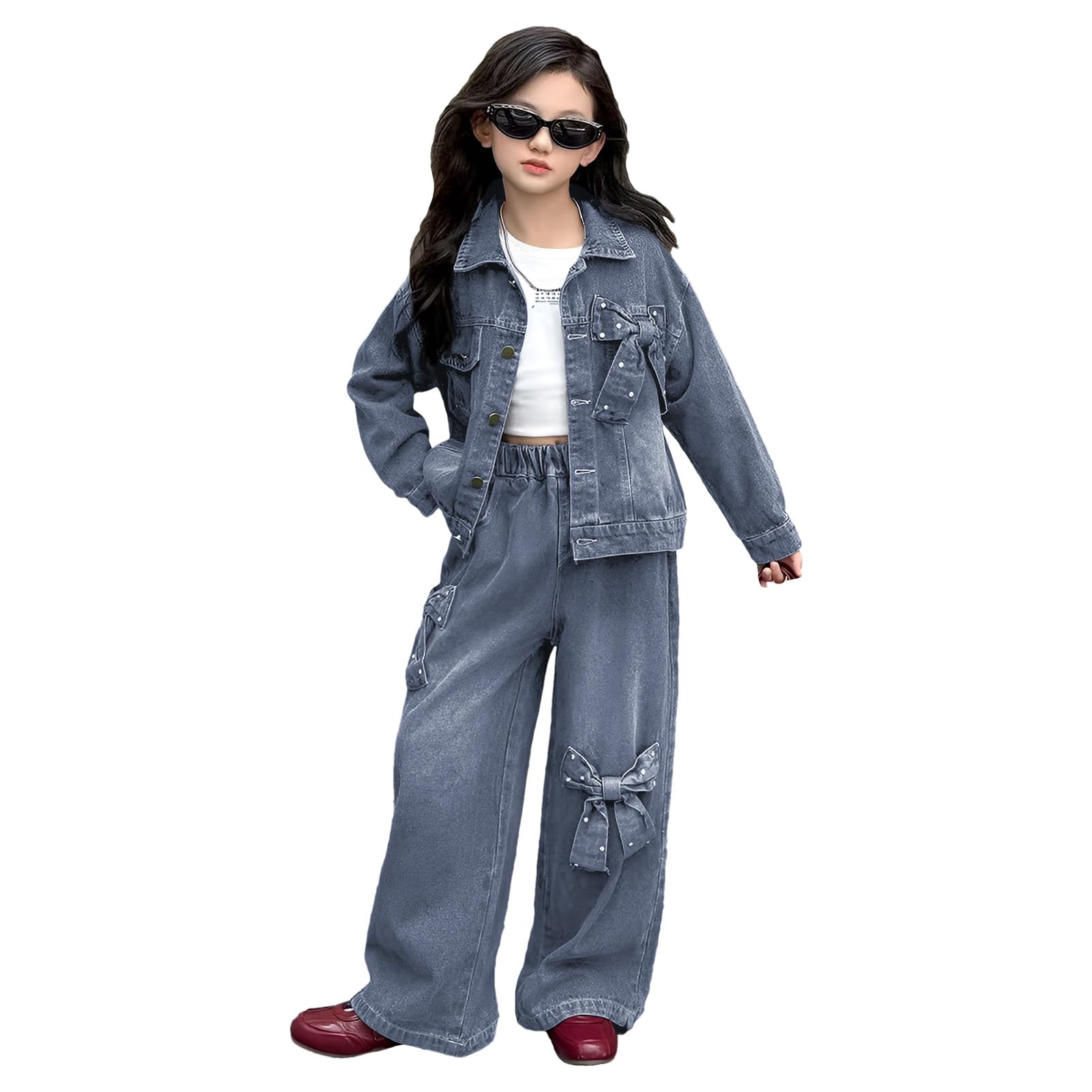 amropi 2 Pezzi Completo di Jeans Bambina Ragazze Giacca in Denim con Fiocco 3D e Pantaloni a Gamba Larga Set per 3-12 Anni