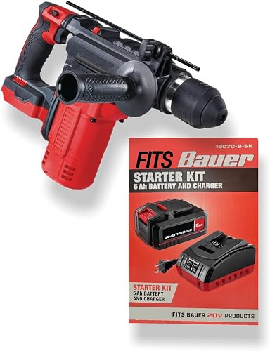 NEW! Fits BAUER 20V Brushless Cordless L-Shape 1-1/8 in. SDS-PLUS Type Rotary Hammer with 5Ah Battery & Charger- 2 Mode: Rotary Hammer or Hammer-Only, 4800 BPM, LED Work Light, ETL Certified